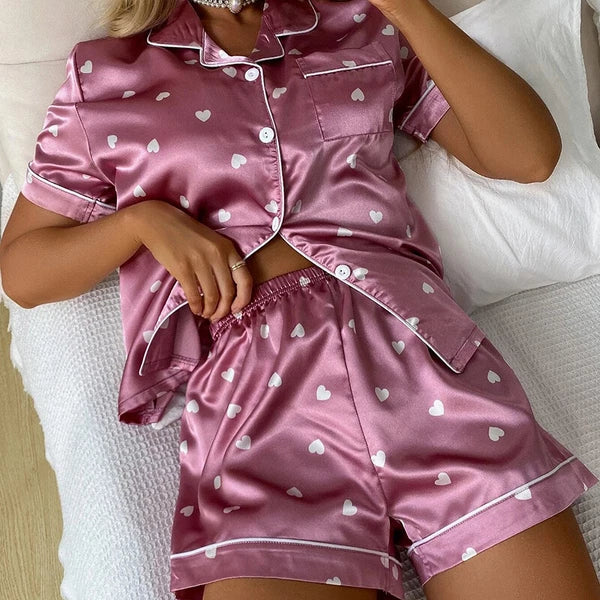 Women's Short Sleeve Silk Pajamas Set Print Satin Sleepwear Homewear Nightwear