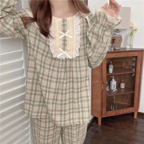 Lolita Princess Pajamas Set Women Loose Lacework Bow Tie Plaid Top Pants 2 Pcs