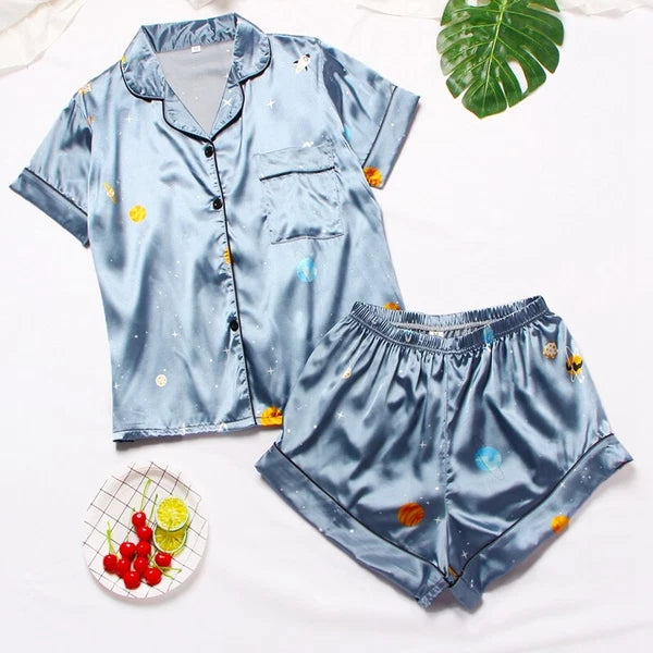 Women's Silk Satin Pajamas Set Short Sleeve Print Sleepwear Nightwear Pyjamas PJ