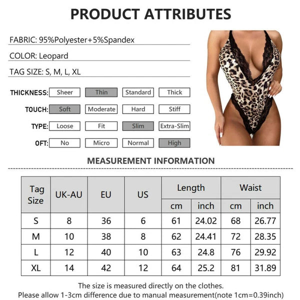 Womens Leopard Lace Bodysuit Lingerie Babydoll Nightwear Sleepwear Underwear