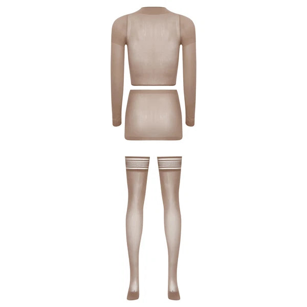 Womens Crop Top And Skirt With Stockings Round Neck Nightwear Tempting Glossy