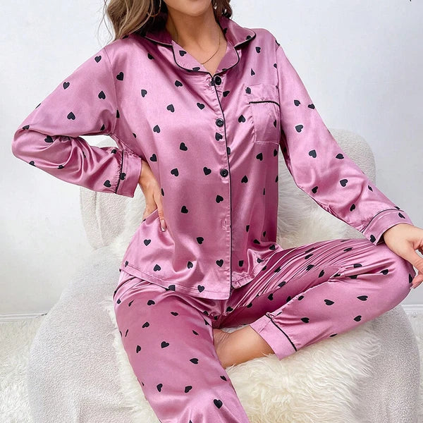Women Silk Satin Pajamas Set Long Sleeve Button-Down Sleepwear Loungewear Charm