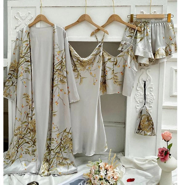 2023 Printed bathrobe pajamas, summer 4-piece set, women's sexy kimono