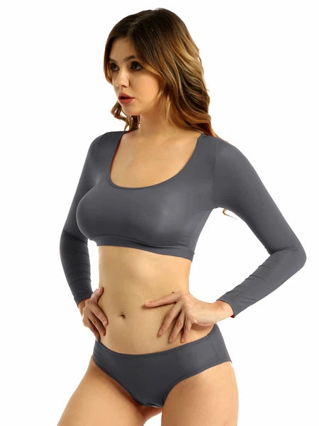 Womens Two-piece Underwear Lingerie Babydoll Long Sleeve Crop Top Brief Clubwear