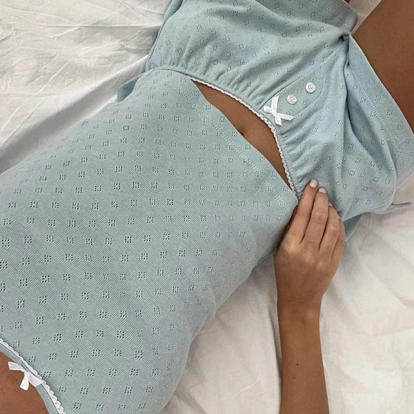 Button Two Piece Nightwear Lace Summer Dress Set Pyjama Suits Summer-