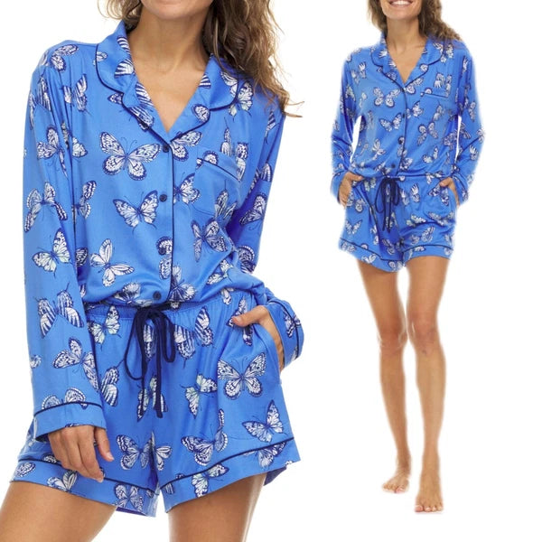 NWT Flora by Flora Nikrooz Womens Blue Butterflys Notch Collar PJ With Shorts