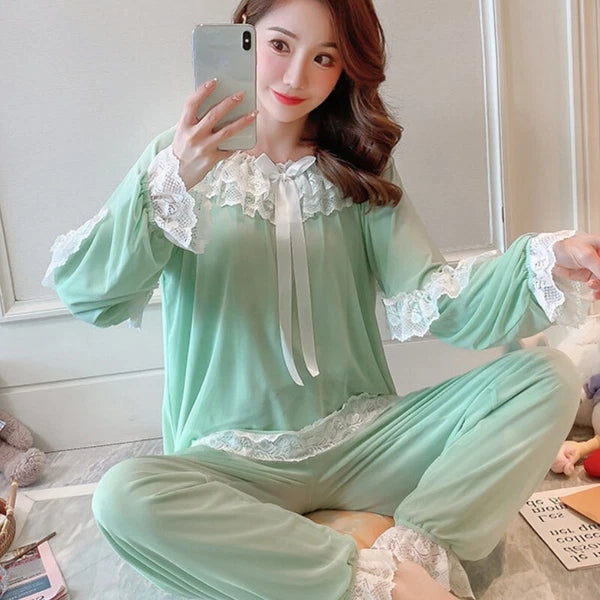 Women Girl Lace Mesh Pajamas Sets Nightie Ruffle Babydoll Lolita Sleepwear Sweet