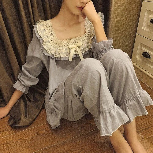 Lolita Flower Embroidery Lace Square Neck Pajama Set  Cotton Grey Pyjamas Set