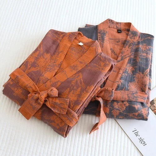 Women's Printed Cotton Loose Fitting Bathrobe Tie Up Sweat Steaming Robes
