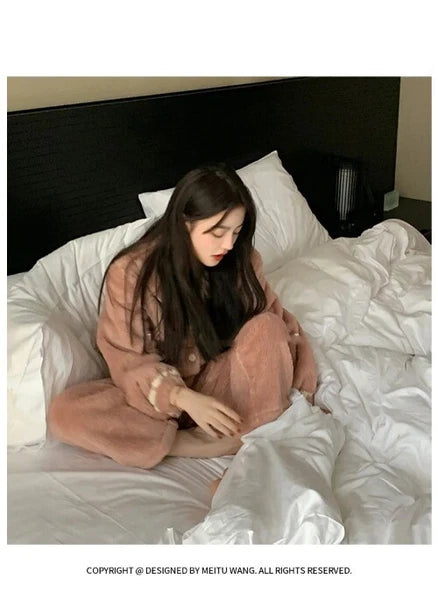 2 Pieces /Sets Winter Pajamas  Flannel Coral Long Sleeve  Suit Kawaii Velvet