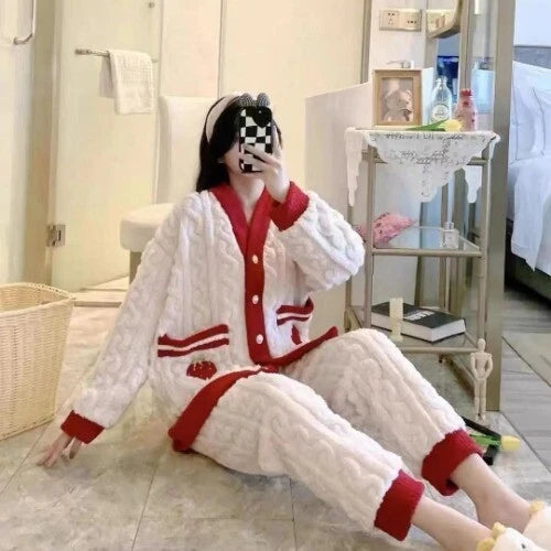 Coral Fleece Pajama Sets Women Single Breasted Turn-down Collar  Elastic Waist