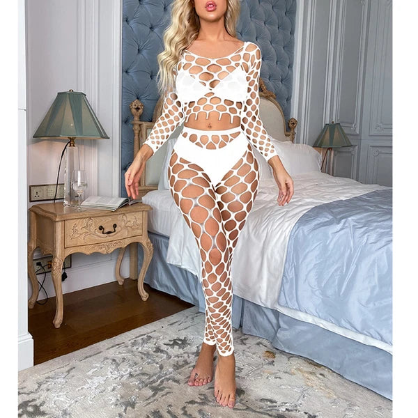 Womens Lingerie Sets Hollow Out See-Through Fishnet Nightwear Crop Top Leggings