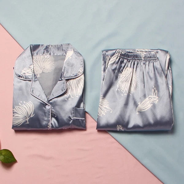 Women Silk Satin Pajamas Set Long Sleeve Button-Down Sleepwear Loungewear Charm