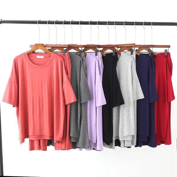 Plus Size XL 150KG Women Modal Pajamas Sets Short Sleeve Top + Calf-Length Pants