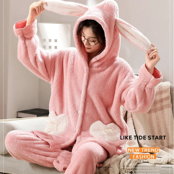 Women Winter Warm Hooded Set Flannel Sleepwear Pajamas Nightwear Loungewear