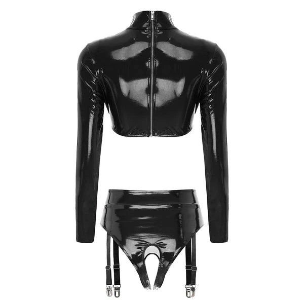 Womens Bar Set Lingerie Romper Underwear Crop Top Sleepwear Patent Leather 2pcs