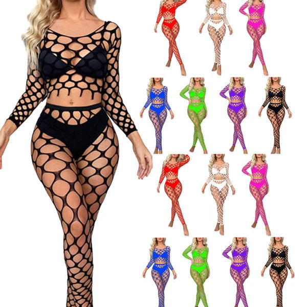 Womens Lingerie Sets Hollow Out See-Through Fishnet Nightwear Crop Top Leggings