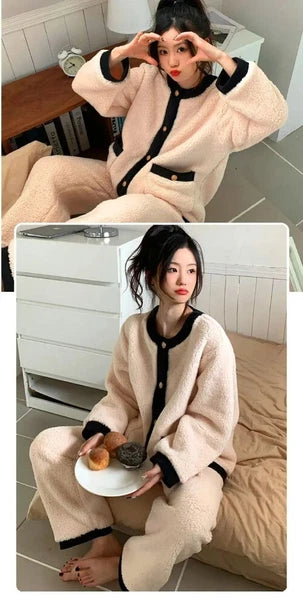 2 Pieces /Sets Winter Pajamas  Flannel Coral Long Sleeve  Suit Kawaii Velvet