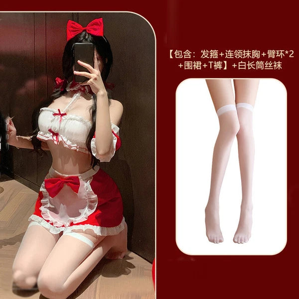Womens Maid Uniform Sleepwear Costume Lingeries Tops Apron Nightwear Stocking
