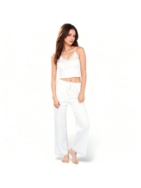 Women's Lace Trim Ribbed Knit Pajama Set With Adjustable Drawstring