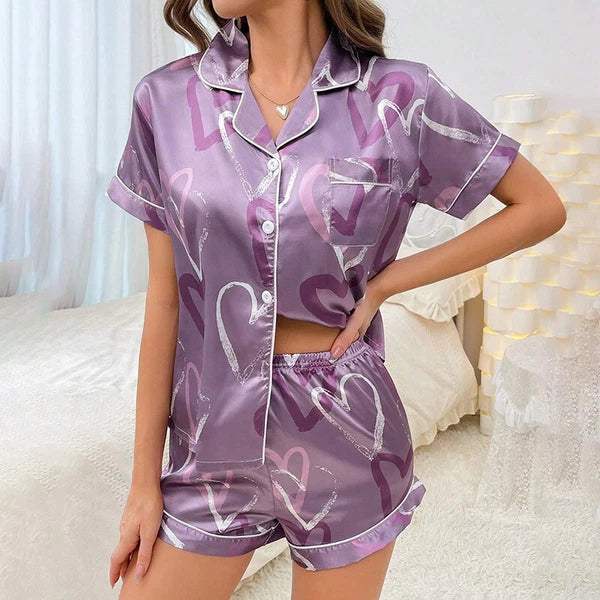 Women's Short Sleeve Silk Pajamas Set Print Satin Sleepwear Homewear Nightwear