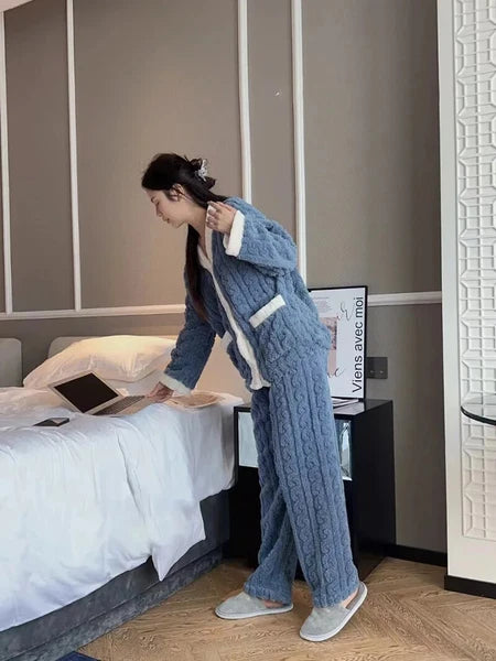 2pcs/Set Autumn and Winter Pajamas Women Thickened Padded Warm Students Coral