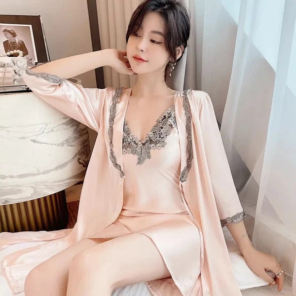 2023 Women's summer short sleeved thin satin pajama robe 2-piece set