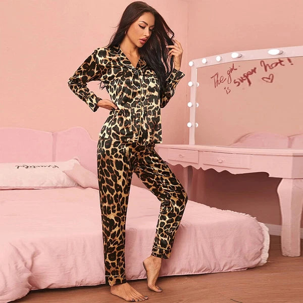 Women Silk Satin Pajamas Set Long Sleeve Button-Down Sleepwear Loungewear Charm