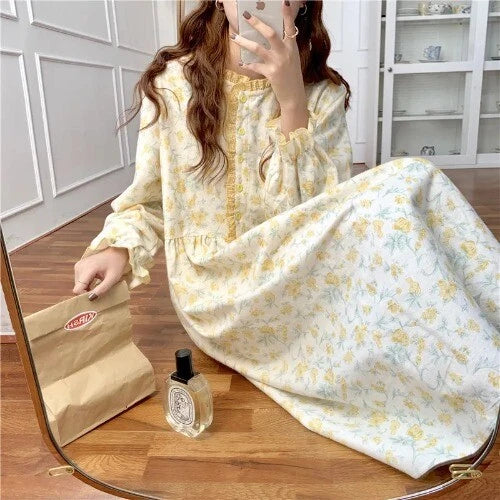 Women Princess Dress Vintage Flower Ruffle Sleepshirts.Girl's Floral Nightgown