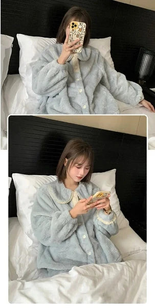 2 Pieces /Sets Winter Pajamas  Flannel Coral Long Sleeve  Suit Kawaii Velvet