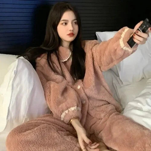 2 Pieces /Sets Winter Pajamas  Flannel Coral Long Sleeve  Suit Kawaii Velvet