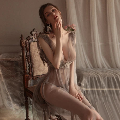 See Through Nightdress Sexy Lingerie Set Dress Embroidery Pajamas Uniform