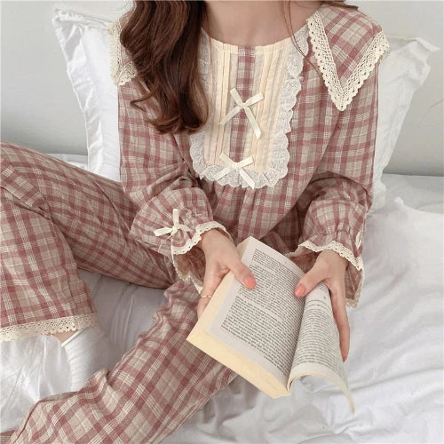 Lolita Princess Pajamas Set Women Loose Lacework Bow Tie Plaid Top Pants 2 Pcs