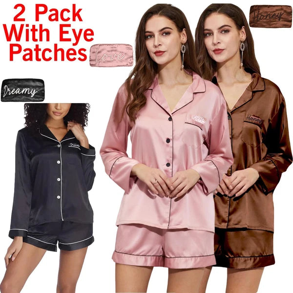 2 Pack Womens Satin Pyjamas Nightwear PJs Set Ladies Silk Long Sleeve Sleepwear