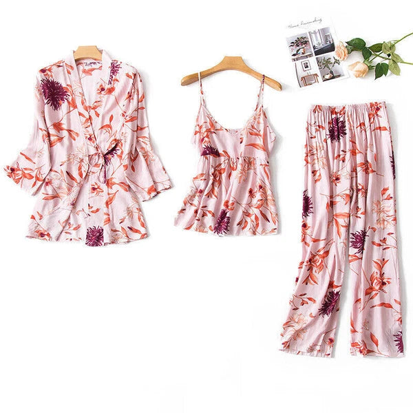3PC Women Night Dress Silk-Cotton Pajama Sleepwear Long Robes Nightwear Gown Set
