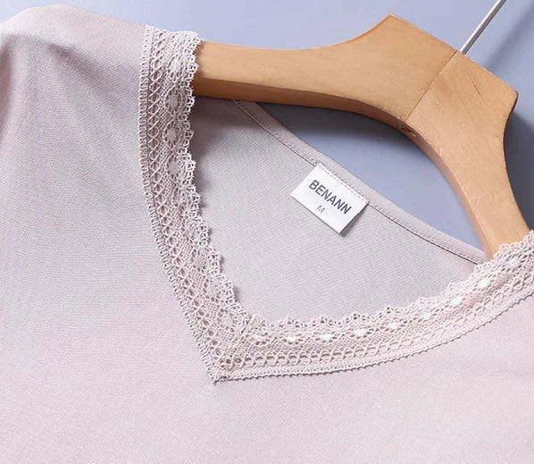 Women Silk Thermal Lace Long Johns Top & Bottom Set Soft Mulberry Silk Underwear