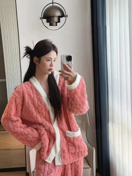 2pcs/Set Autumn and Winter Pajamas Women Thickened Padded Warm Students Coral