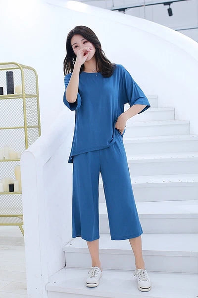 Plus Size XL 150KG Women Modal Pajamas Sets Short Sleeve Top + Calf-Length Pants