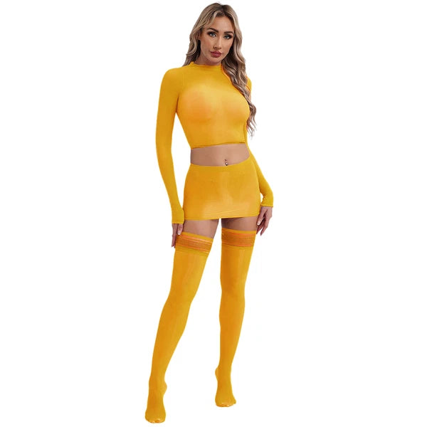 Womens Crop Top And Skirt With Stockings Round Neck Nightwear Tempting Glossy