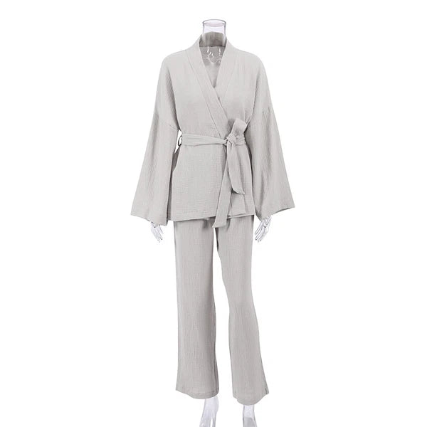 100% cotton women's nightgown pajamas set flared pajamas trousers set 2pcs
