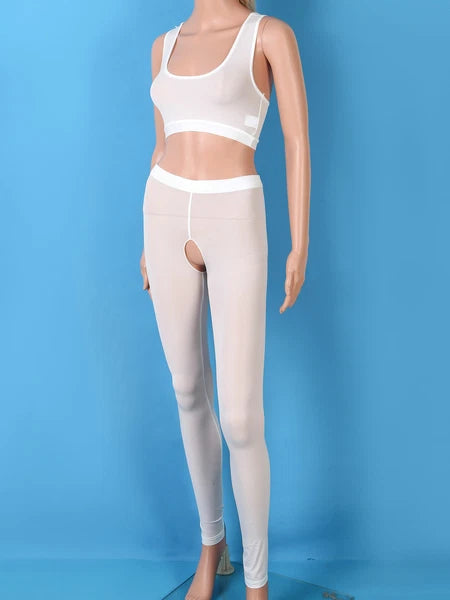Women 2pcs Lingerie Set Sleeveless Crop Top High Waist Crotchless Leggings Pants