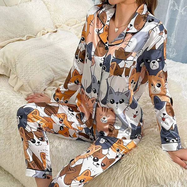 Women Silk Satin Pajamas Set Long Sleeve Button-Down Sleepwear Loungewear Charm