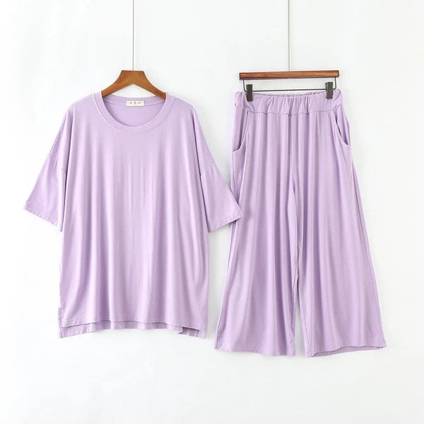 Plus Size XL 150KG Women Modal Pajamas Sets Short Sleeve Top + Calf-Length Pants