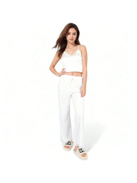 Women's Lace Trim Ribbed Knit Pajama Set With Adjustable Drawstring