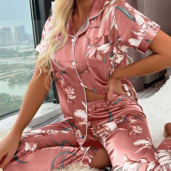 Women's Silk Satin Pajamas Set Short Sleeve Print Sleepwear Nightwear Pyjamas PJ