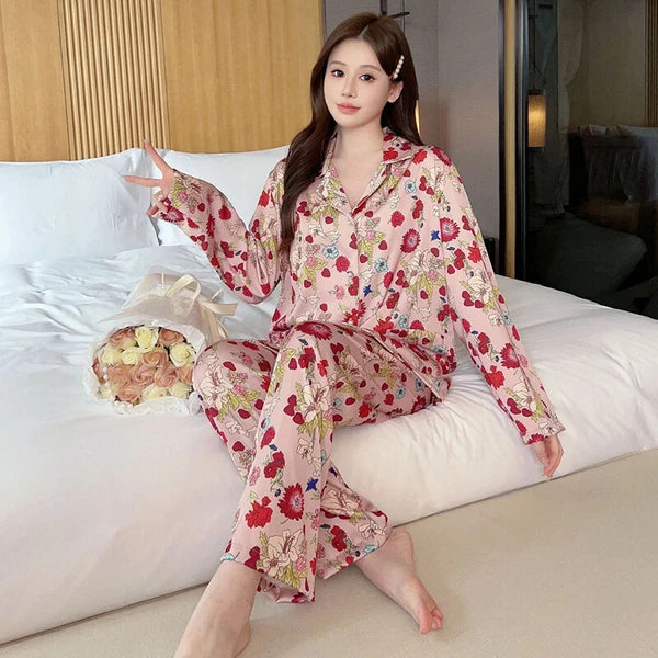 Women Satin Silk Pajamas Flower Printing Sleepwear Homewear Long Sleeve Pajama