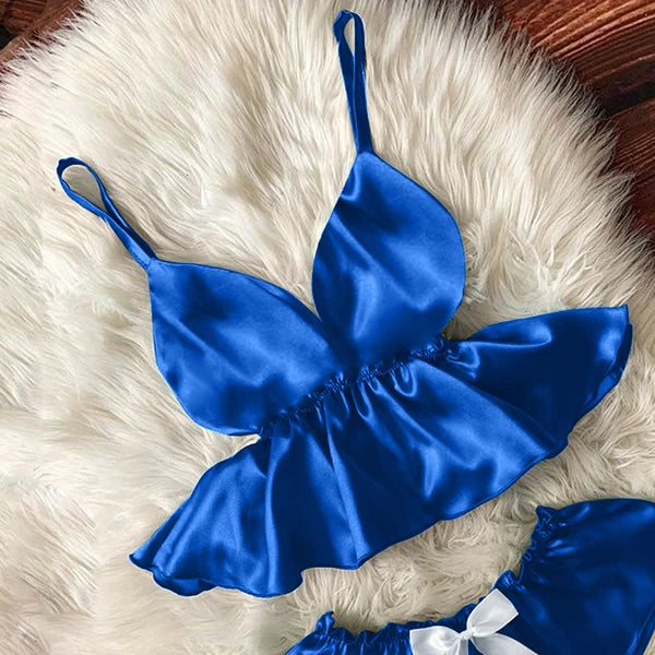 Women Sexy V-Neck Lace Sleepwear Satin Camisole Bowknot Shorts Pajamas 2Sets