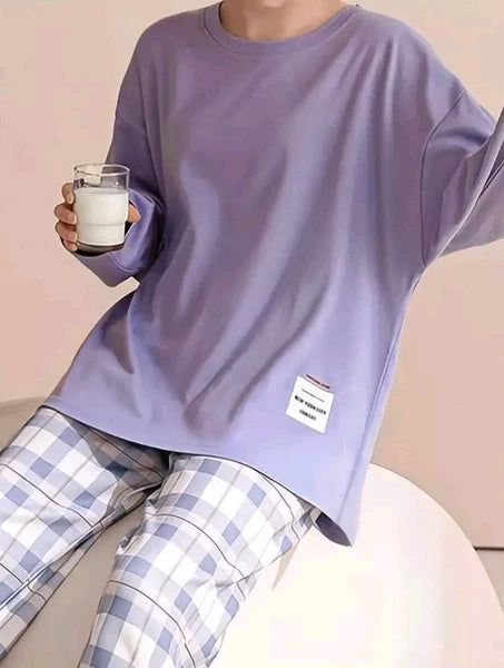 Plaid Print Crew Neck Pyjama Set Casual Long Sleeve Long Bottoms