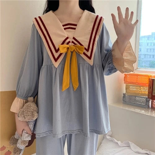 Navy Style Cute Homewear Vintage  Brief Pajamas Nightwear Sweet Chic Casual Sets