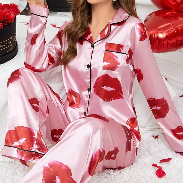 Women Silk Satin Pajamas Set Long Sleeve Button-Down Sleepwear Loungewear Charm